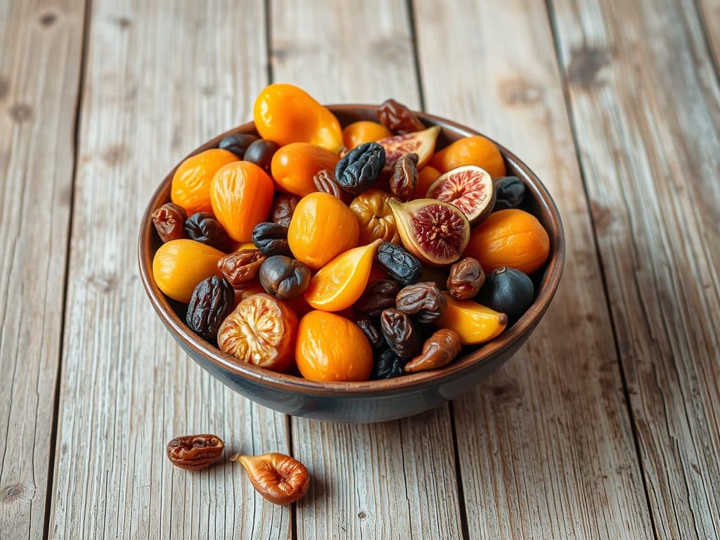 Tô trái cây sấy khô đầy màu sắc bao gồm mơ, sung và nho khô trên bàn gỗ mộc mạc, ánh sáng tự nhiên dịu nhẹ, phong cách chụp tĩnh vật Địa Trung Hải