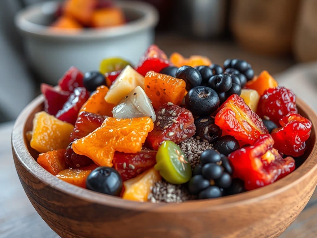 Tô trái cây sấy khô nhiều màu sắc kết hợp với hạt chia trong bát gỗ, phong cách chụp đồ ăn healthy, ánh sáng tự nhiên nhẹ nhàng