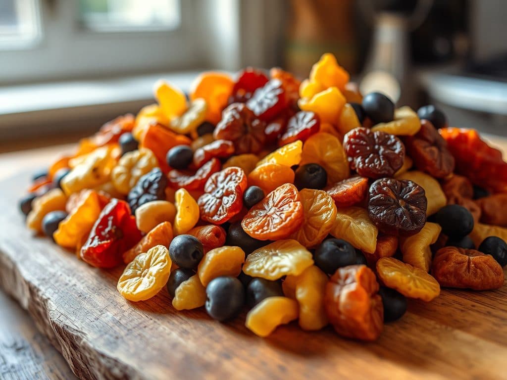 Tô trái cây sấy phù hợp chế độ ăn keto gồm dâu tây, việt quất, dừa và hạt óc chó trên bảng gỗ, ánh sáng tự nhiên tạo điểm nhấn cho từng loại trái cây sấy khô.