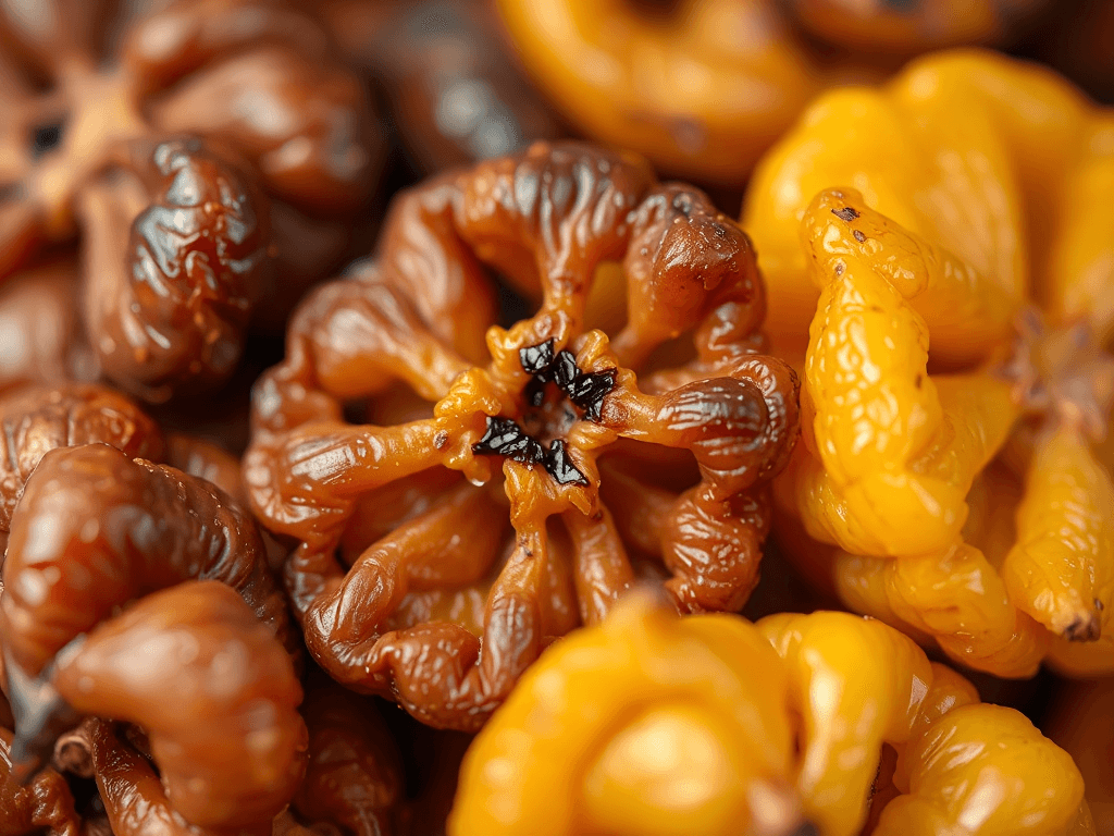 Trái cây sấy bị ẩm với bề mặt thay đổi kết cấu, hình ảnh cận cảnh chi tiết các dấu hiệu hư hỏng do độ ẩm, tập trung vào vấn đề bảo quản thực phẩm khô