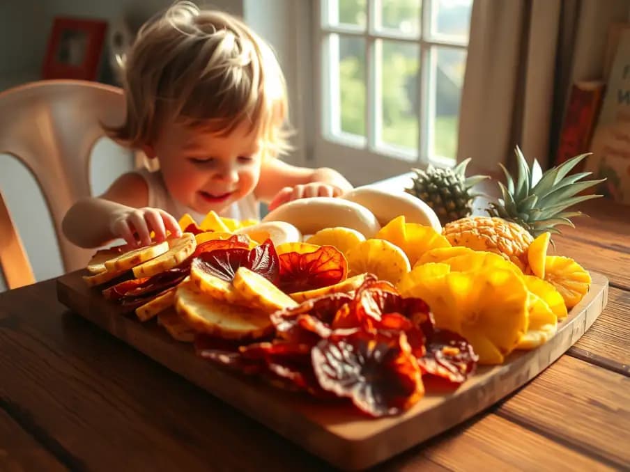 Trái cây sấy đa dạng màu sắc trên bàn gỗ, bao gồm xoài, chuối và dứa, bé vui vẻ với tay lấy trái cây, ánh sáng tự nhiên từ cửa sổ chiếu vào
