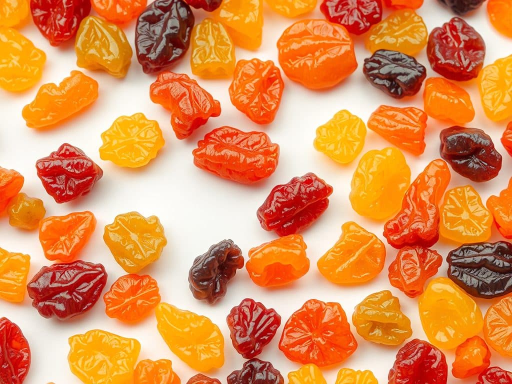 Trái cây sấy dạng viên nén được sắp xếp thành mẫu hình học trên nền trắng, thể hiện màu sắc tươi sáng và kết cấu tự nhiên của sản phẩm sấy khô