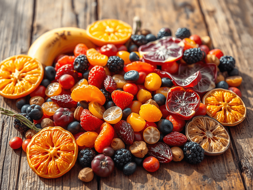 Trái cây sấy khô đa dạng được bày biện đẹp mắt trên bàn gỗ, ánh sáng tự nhiên tôn lên độ tươi ngon và chất lượng sản phẩm Nông Lâm Food
