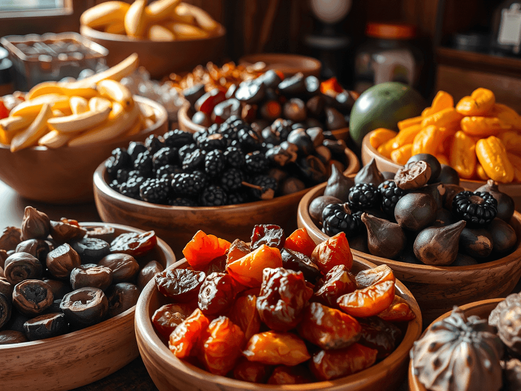 Trái cây sấy khô đa dạng được bày trong các bát gỗ tự nhiên, ánh sáng mặt trời làm nổi bật bề mặt và màu sắc ấm áp của thực phẩm khô