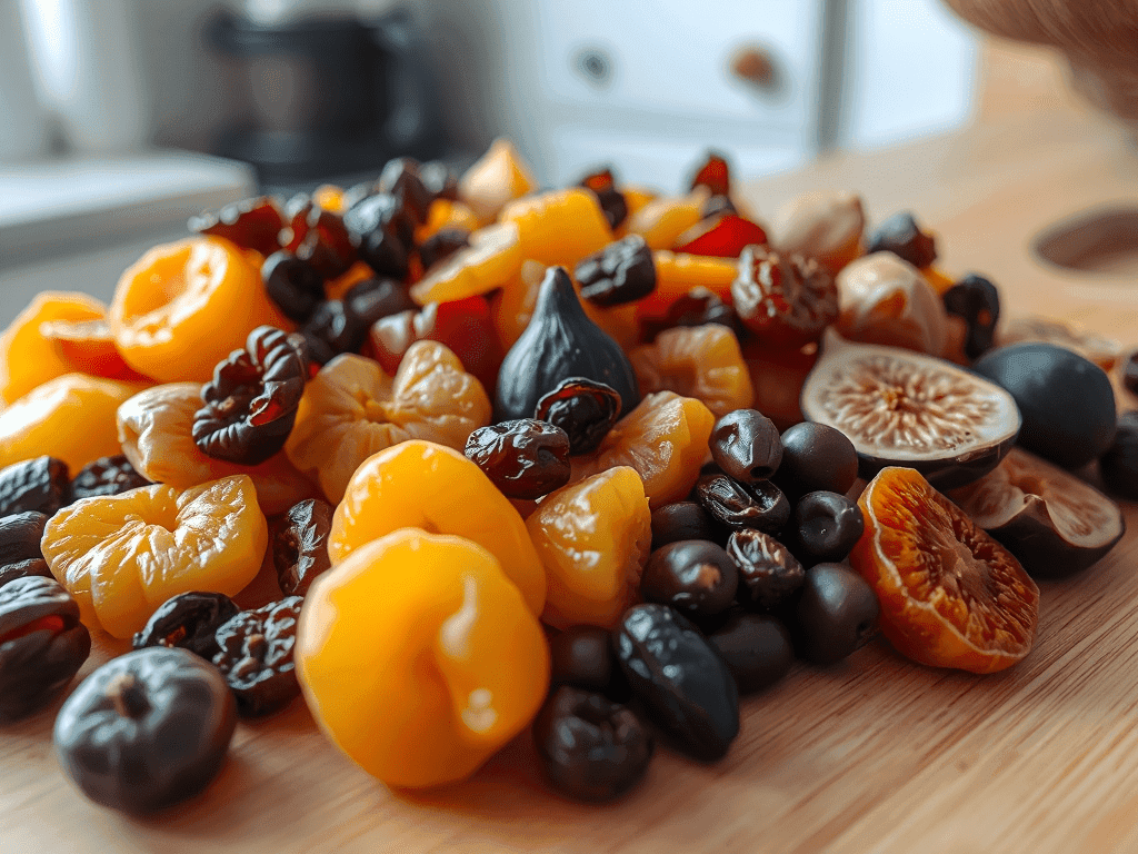 Trái cây sấy khô đa dạng như mơ, sung và nho khô được bày biện trên thớt gỗ trong không gian bếp ấm cúng, ánh sáng tự nhiên dịu nhẹ