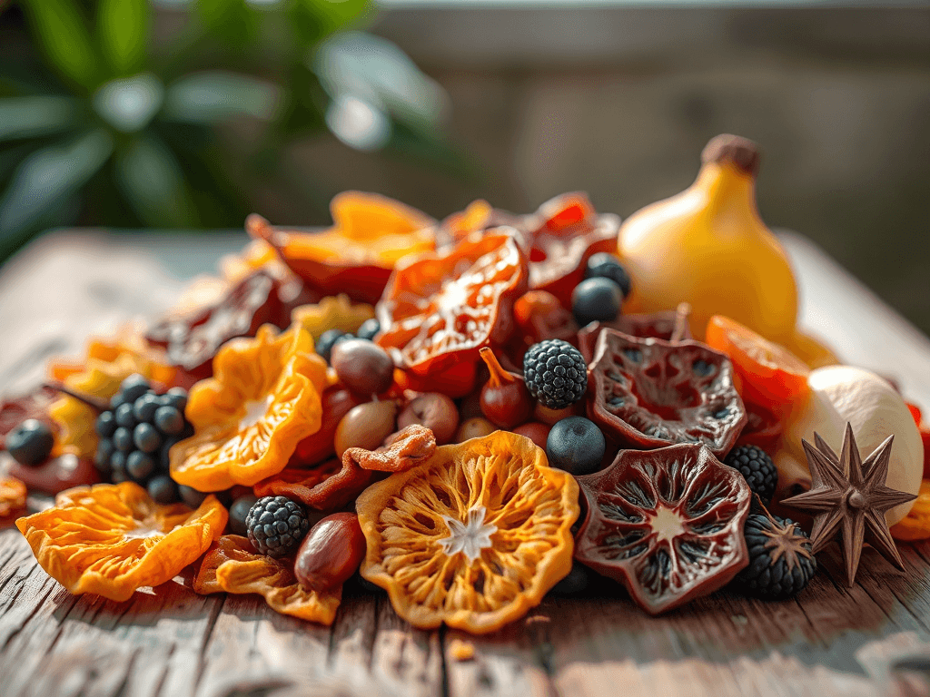 Trái cây sấy khô đa dạng như nho, táo, chuối và dứa được bày biện đẹp mắt trên mặt bàn gỗ tự nhiên với ánh sáng ấm áp