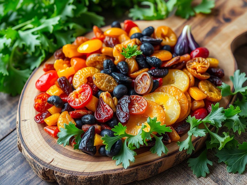 Trái cây sấy khô nhiều màu sắc được bày trí đẹp mắt trên khay gỗ, xen kẽ với rau salad tươi mát, tạo nên bức tranh ẩm thực hấp dẫn và lành mạnh
