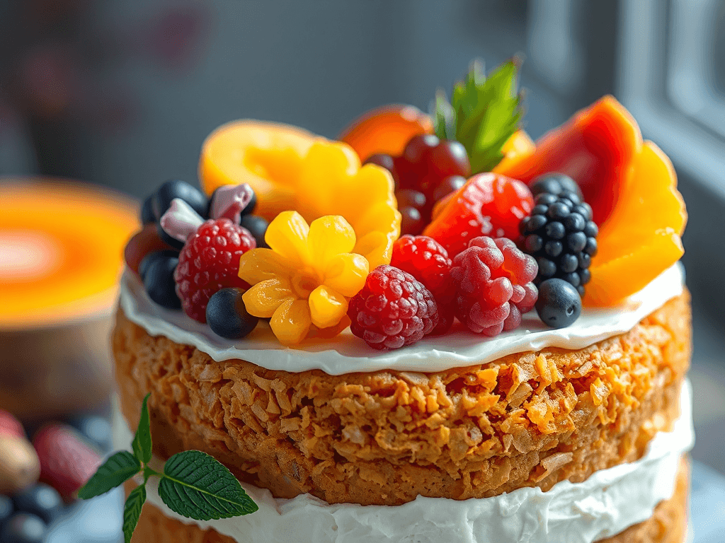 Trái cây sấy khô nhiều màu sắc được trang trí trên bánh nhiều lớp, tạo điểm nhấn bắt mắt cho món tráng miệng với ánh sáng tự nhiên mềm mại