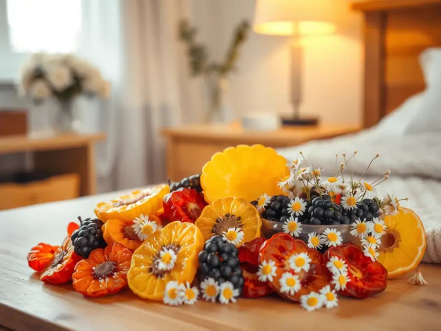 Trái cây sấy khô như mơ, nho và chuối được bày trên bàn đầu giường, tạo cảm giác thư giãn và cải thiện giấc ngủ tự nhiên
