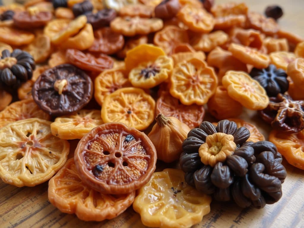 Trái cây sấy khô trên bàn gỗ với một số trái bị mốc và đổi màu, thể hiện dấu hiệu nhận biết trái cây sấy bị hỏng trong ánh sáng tự nhiên