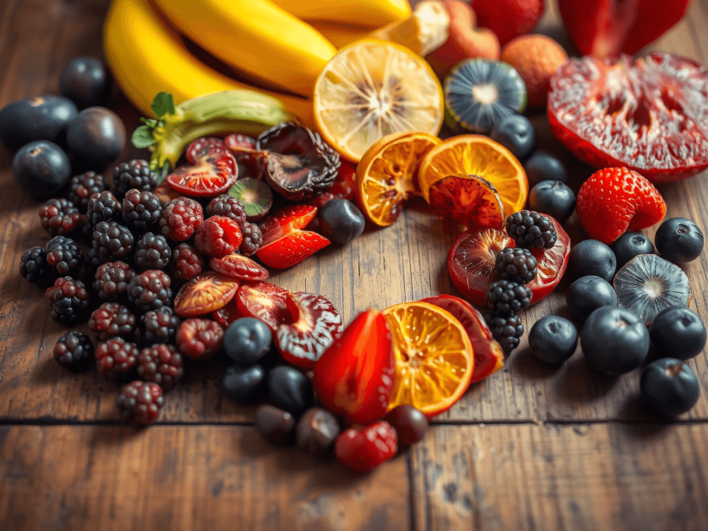 Trái cây sấy khô tươi ngon được sắp xếp thành hình trái tim trên bàn gỗ mộc mạc, ánh sáng tự nhiên dịu nhẹ, khái niệm thai kỳ khỏe mạnh