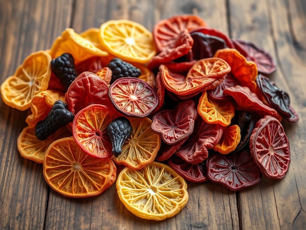Trái cây sấy khô tươi và nhuộm màu được bày cạnh nhau trên mặt bàn gỗ, thể hiện sự khác biệt về màu sắc tự nhiên và nhân tạo trong ảnh macro chi tiết