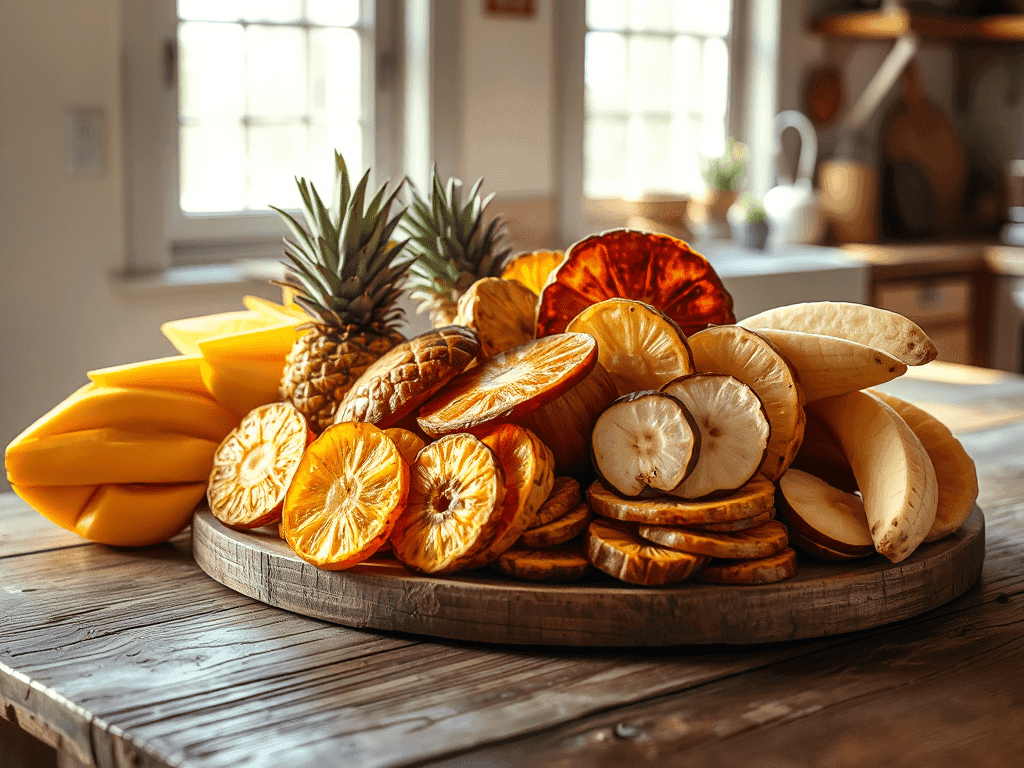 Trái cây sấy organic được bày trí đẹp mắt trên bàn gỗ mộc mạc, ánh sáng tự nhiên chiếu vào, với các loại trái cây sấy khô màu sắc tươi sáng như xoài, dứa, chuối và táo