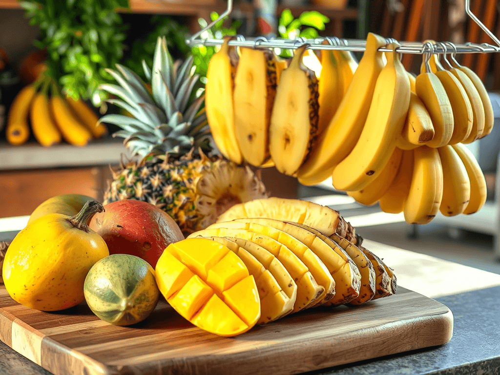 Trái cây tươi được cắt lát và sắp xếp trên khay gỗ để sấy khô trong căn bếp ấm cúng với ánh sáng tự nhiên, hướng dẫn cách làm trái cây sấy tại nhà