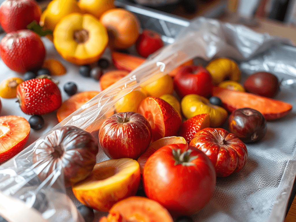 Trái cây tươi được sấy thăng hoa với màu sắc rực rỡ, chi tiết cận cảnh, ánh sáng tự nhiên, thể hiện sự khác biệt với phương pháp sấy lạnh